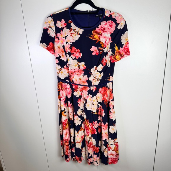 Maggy London Womens 4 Navy Floral Short Sleeve Fit Flare Dress Feminie Cottage - Picture 2 of 7